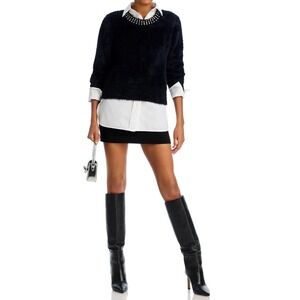 AQUA Black Fuzzy Sweater Rhinestone‎ Embellished Collar Elegant Cozy
